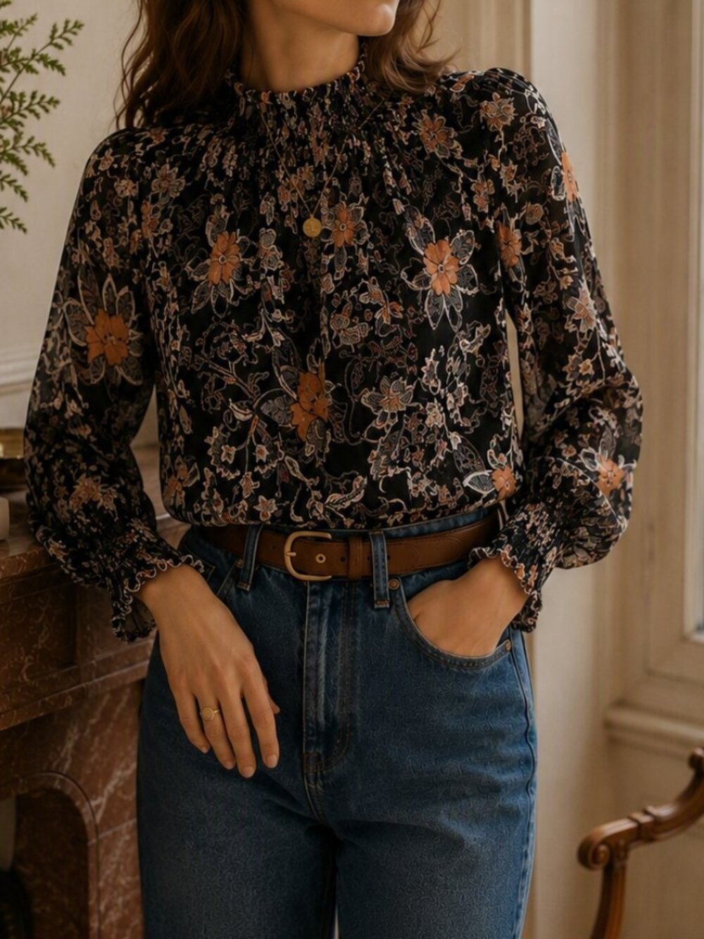 B. Copenhagen Floral Smocked Neck Sheer Blouse Black Burnt Apricot Paisley US M